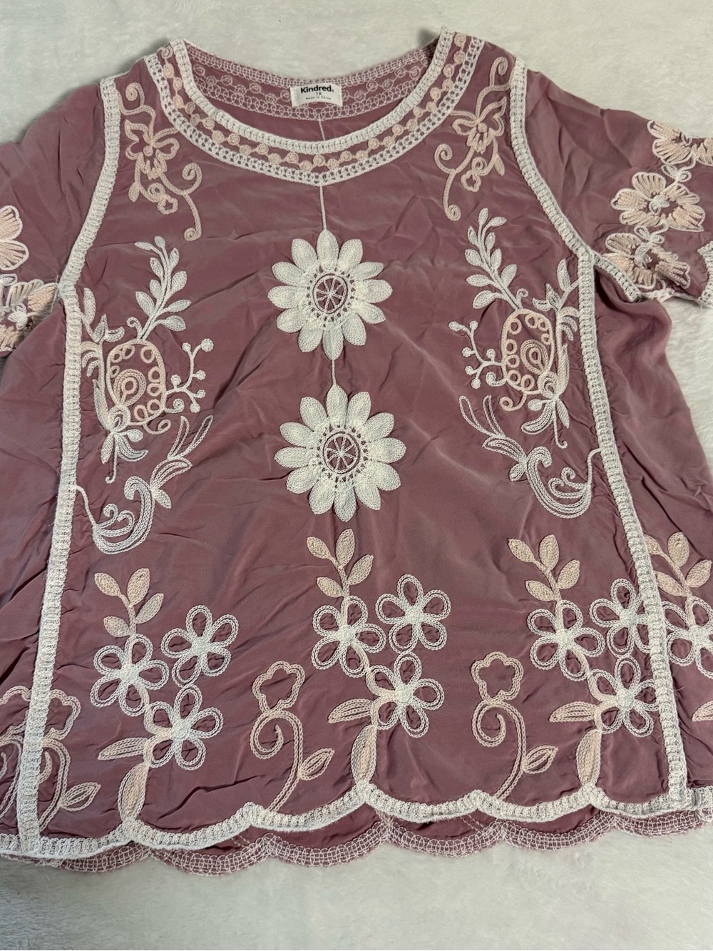 Kindred Women’s 1X Blouse Dusty Mauve Floral Embroidered Boho Peasant Top